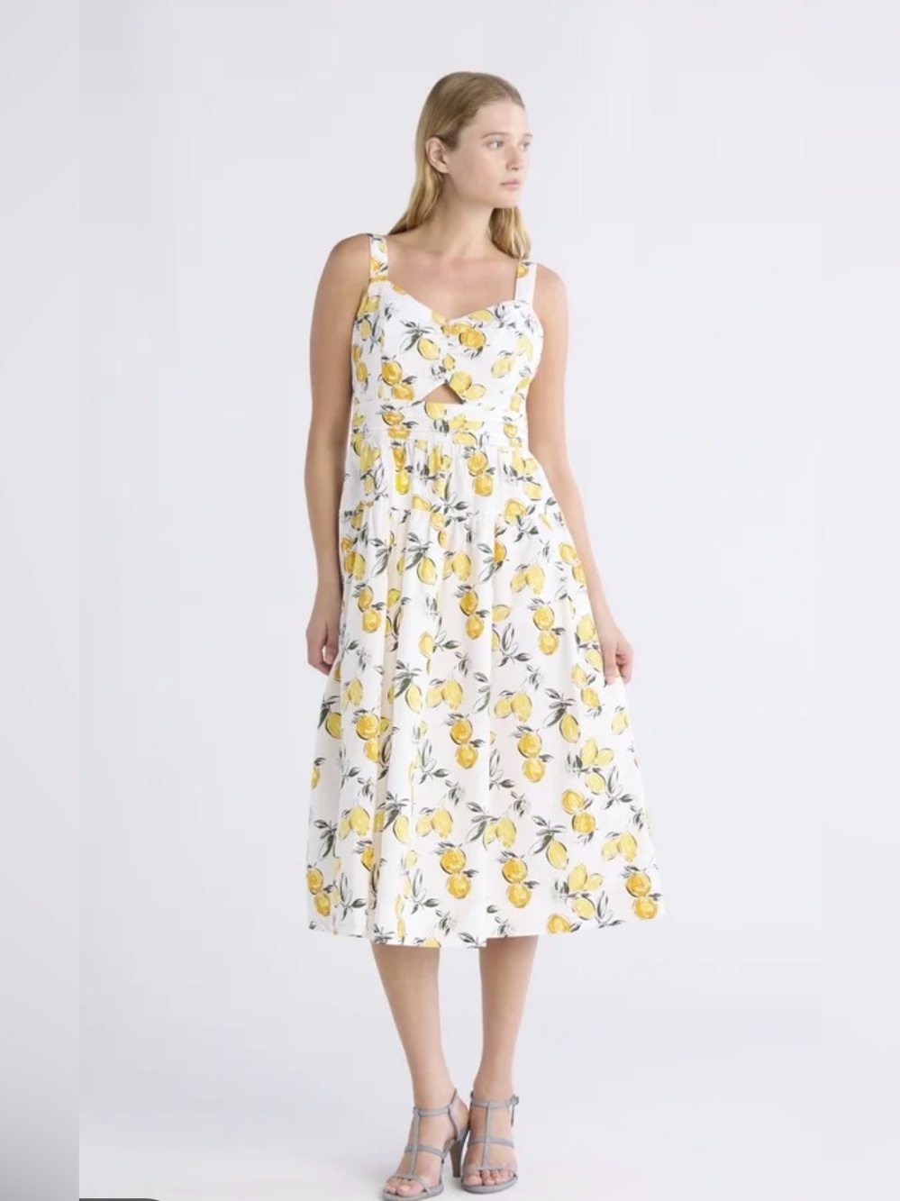 Sleeveless White Lemon-Print Maxi adjustable straps Dress